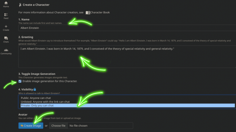 provide details create character ai